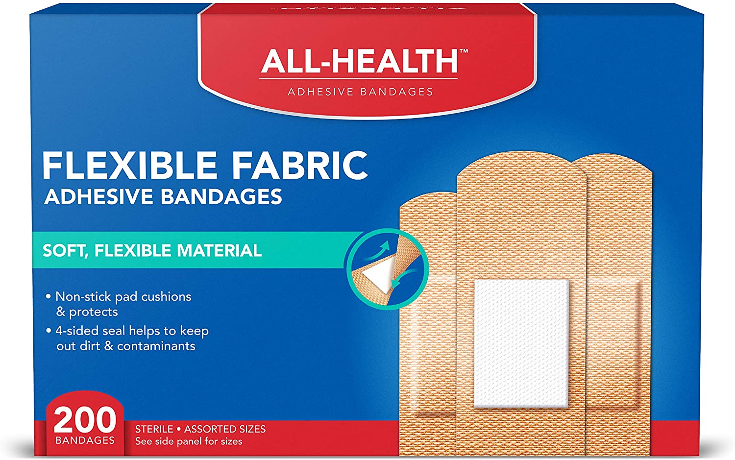 All Health Flexible Fabric Adhesive Bandages, Assorted Sizes Variety Pack, 200 ct | Flexible Protection for First Aid and Wound Care